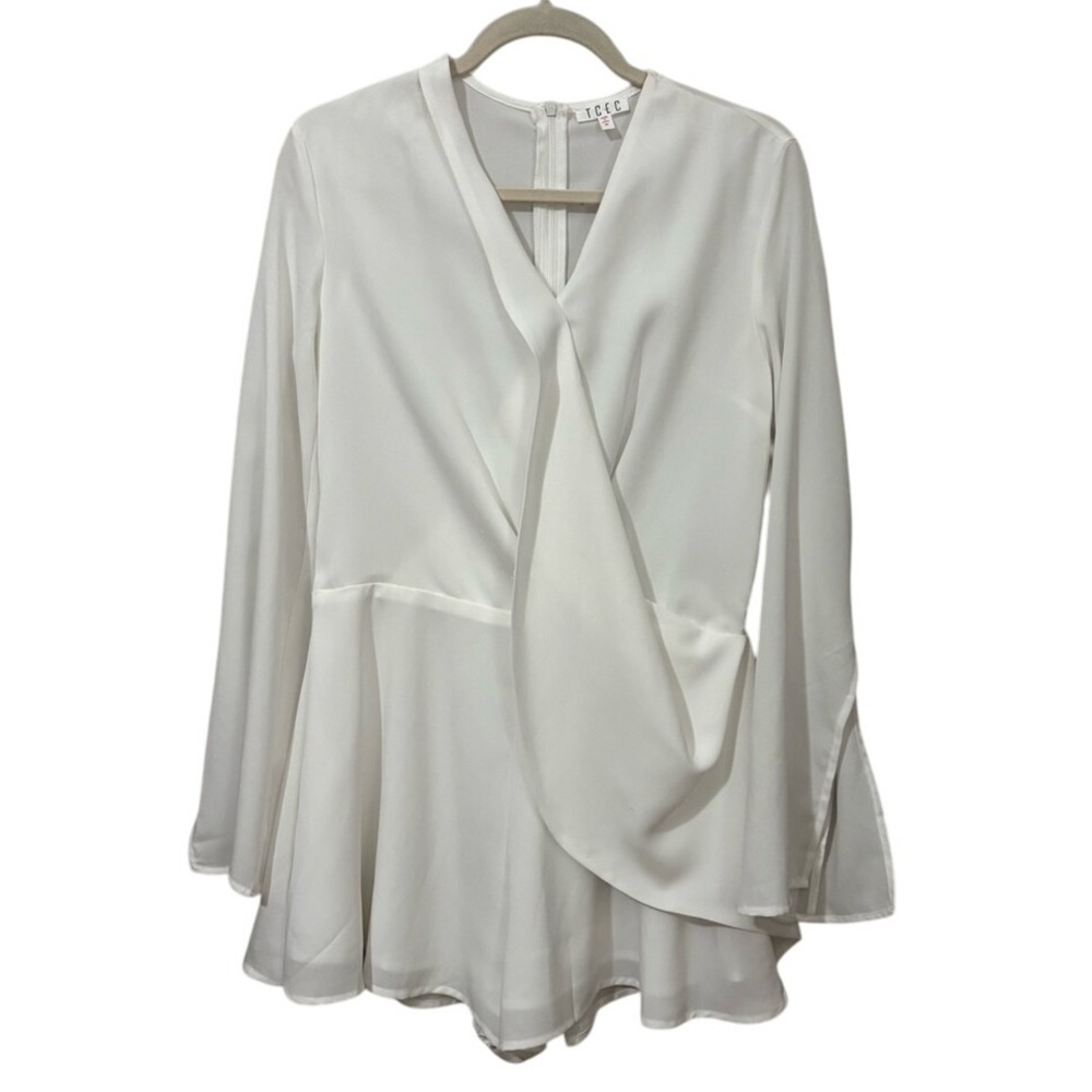 TCEC Romper White Wrap Front with Slit Bell Sleeves